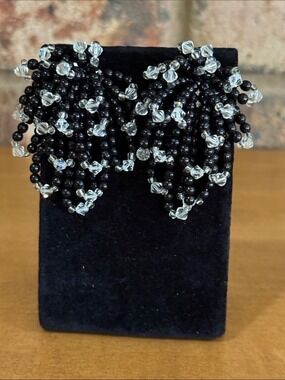 Vintage Black and Clear Beaded Waterfall Statement Earrings